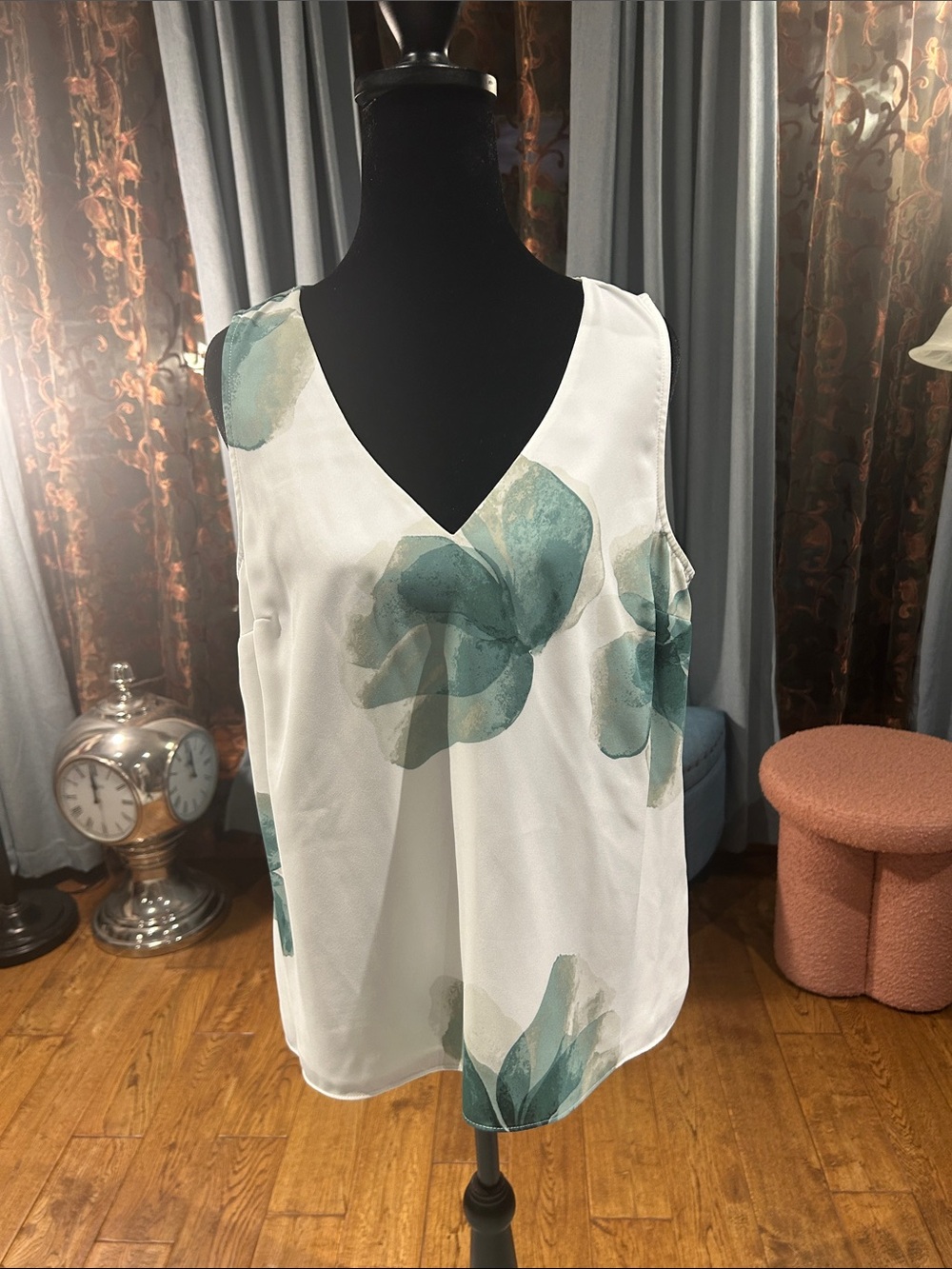 Nine West White Tank Top with Teal Floral Print